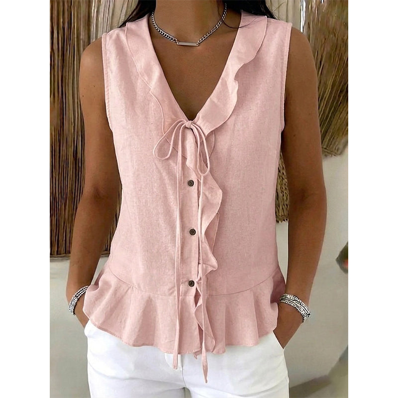 🔥-48%👚 Haut Femme Sans Manches Col V à Volants avec Lacet – Tissu Texturé Léger Coupe Fluide