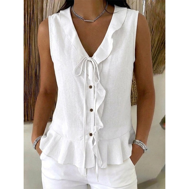 🔥-48%👚 Haut Femme Sans Manches Col V à Volants avec Lacet – Tissu Texturé Léger Coupe Fluide