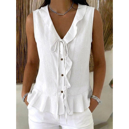 🔥-48%👚 Haut Femme Sans Manches Col V à Volants avec Lacet – Tissu Texturé Léger Coupe Fluide