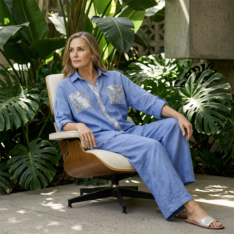 Ensemble chemise à paillettes et pantalon à jambes larges pour femme