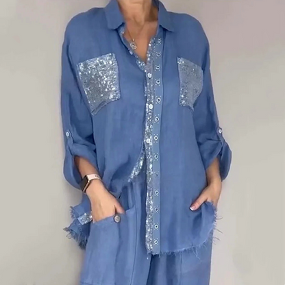 Ensemble chemise à paillettes et pantalon à jambes larges pour femme