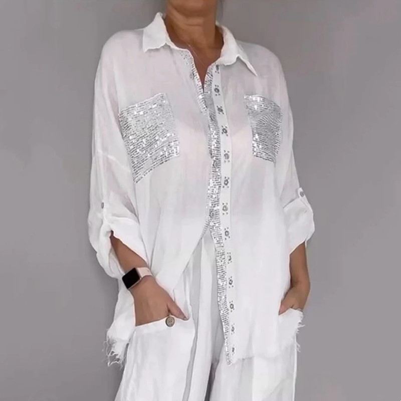 Ensemble chemise à paillettes et pantalon à jambes larges pour femme