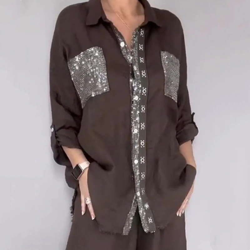 Ensemble chemise à paillettes et pantalon à jambes larges pour femme