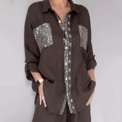 Ensemble chemise à paillettes et pantalon à jambes larges pour femme