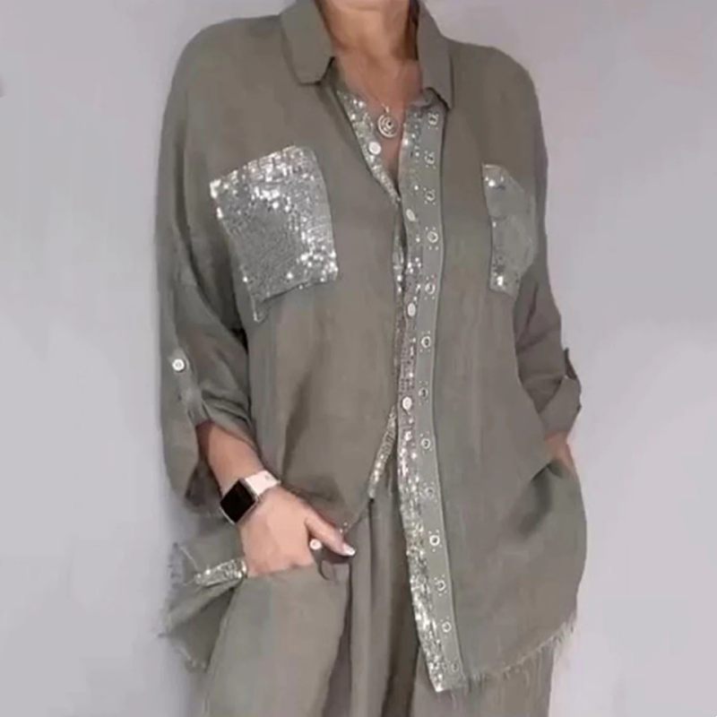 Ensemble chemise à paillettes et pantalon à jambes larges pour femme