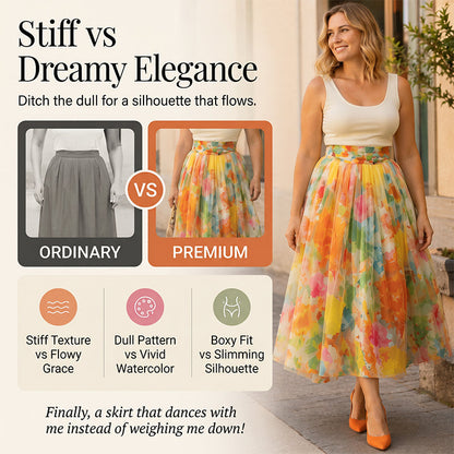 🔥-50%👗 Jupe Midi Femme à Imprimé Floral Aquarelle – Taille Haute Coupe Évasée Tissu Fluide