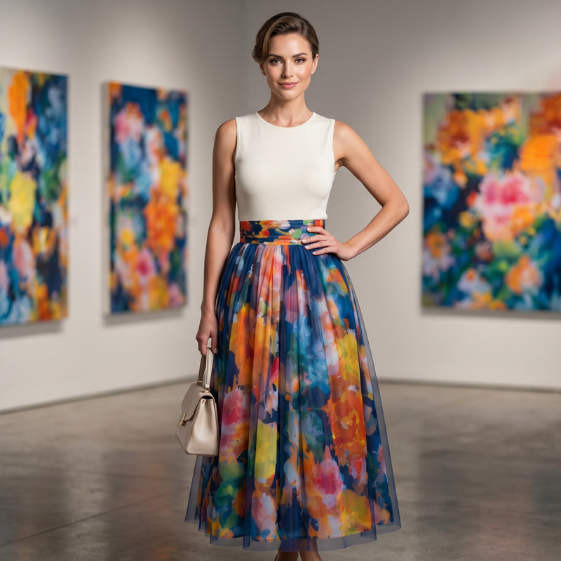🔥-50%👗 Jupe Midi Femme à Imprimé Floral Aquarelle – Taille Haute Coupe Évasée Tissu Fluide