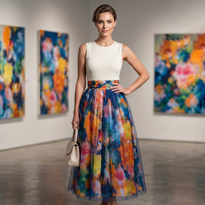 🔥-50%👗 Jupe Midi Femme à Imprimé Floral Aquarelle – Taille Haute Coupe Évasée Tissu Fluide