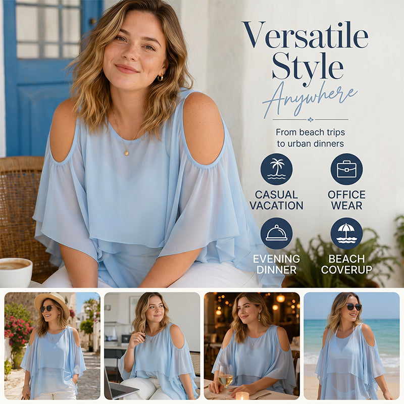 🔥-50%👚 Haut Femme Épaules Dénudées Col Rond à Volants – Tissu Fluide Léger Coupe Décontractée