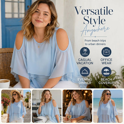 🔥-50%👚 Haut Femme Épaules Dénudées Col Rond à Volants – Tissu Fluide Léger Coupe Décontractée