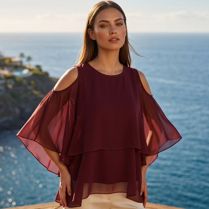 🔥-50%👚 Haut Femme Épaules Dénudées Col Rond à Volants – Tissu Fluide Léger Coupe Décontractée