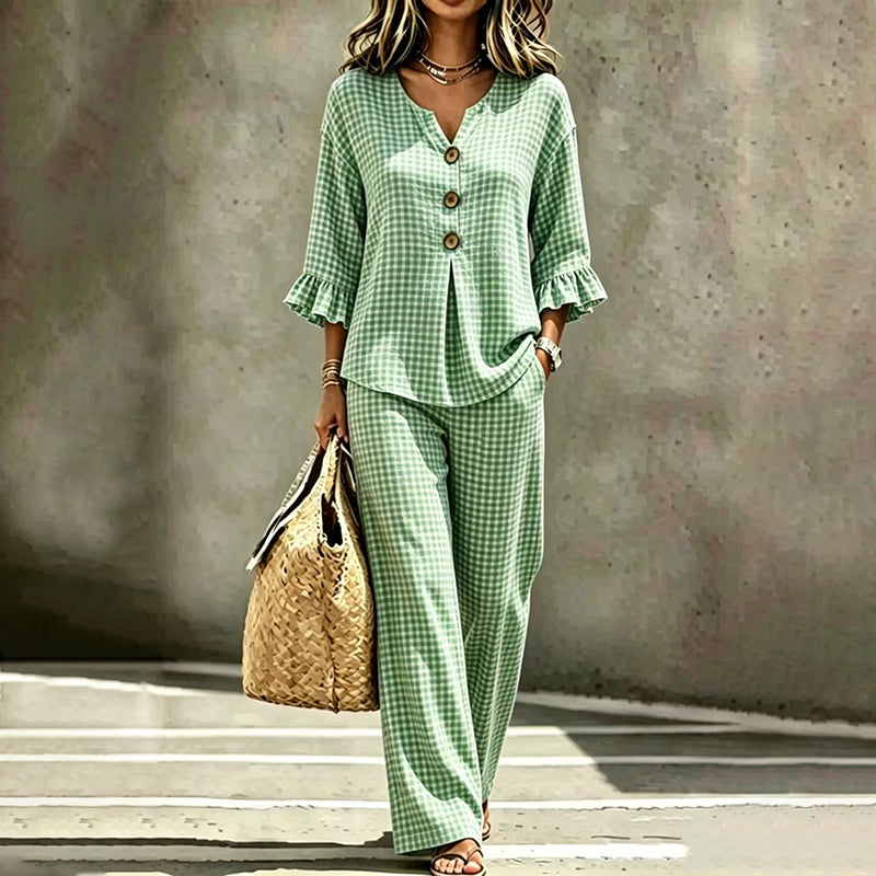 Ensemble femme composé d'un haut à col en V à manches à volants et d'un pantalon, motif à carreaux