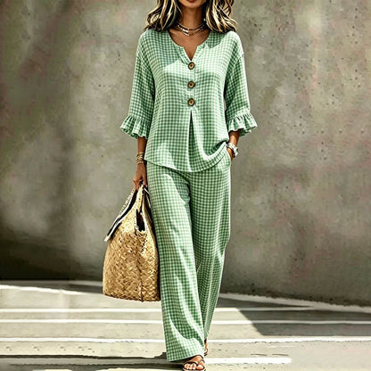 Ensemble femme composé d'un haut à col en V à manches à volants et d'un pantalon, motif à carreaux