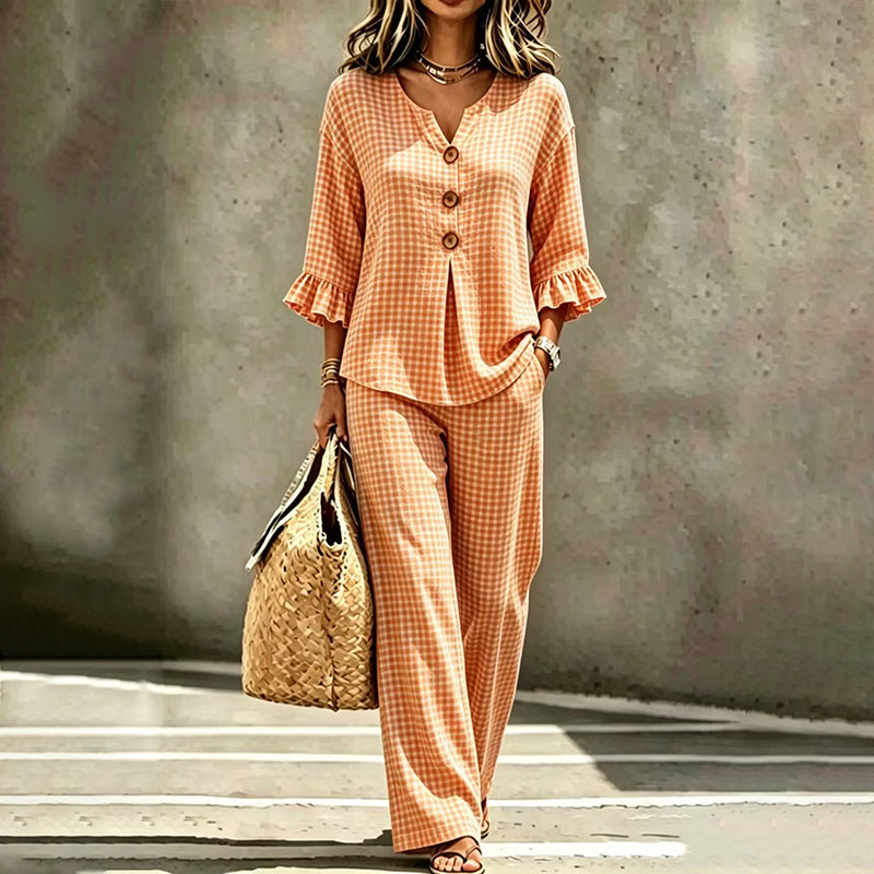 Ensemble femme composé d'un haut à col en V à manches à volants et d'un pantalon, motif à carreaux