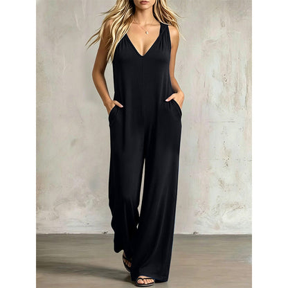 👗 50 % DE RÉDUCTION EN CE MOMENT ! 🌊 Combinaison d'été décontractée pour femme avec encolure en V – jambes amples et larges, poches latérales profondes et capuche intégrée – de la plage directement au restaurant ☀️