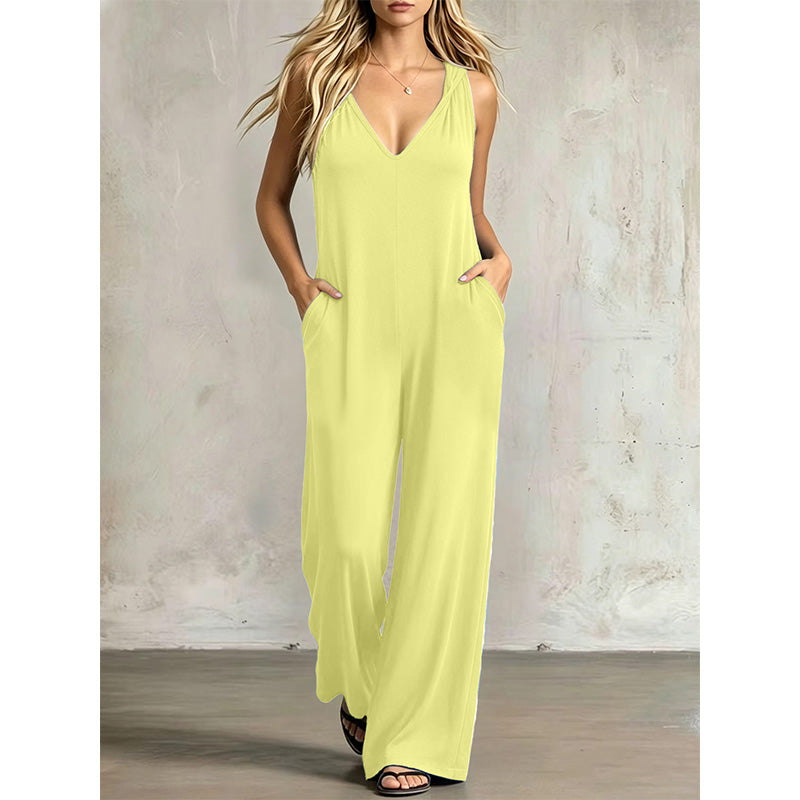 👗 50 % DE RÉDUCTION EN CE MOMENT ! 🌊 Combinaison d'été décontractée pour femme avec encolure en V – jambes amples et larges, poches latérales profondes et capuche intégrée – de la plage directement au restaurant ☀️