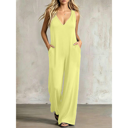 👗 50 % DE RÉDUCTION EN CE MOMENT ! 🌊 Combinaison d'été décontractée pour femme avec encolure en V – jambes amples et larges, poches latérales profondes et capuche intégrée – de la plage directement au restaurant ☀️