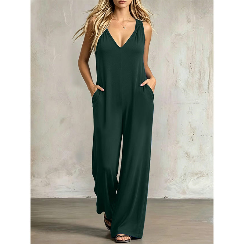 👗 50 % DE RÉDUCTION EN CE MOMENT ! 🌊 Combinaison d'été décontractée pour femme avec encolure en V – jambes amples et larges, poches latérales profondes et capuche intégrée – de la plage directement au restaurant ☀️