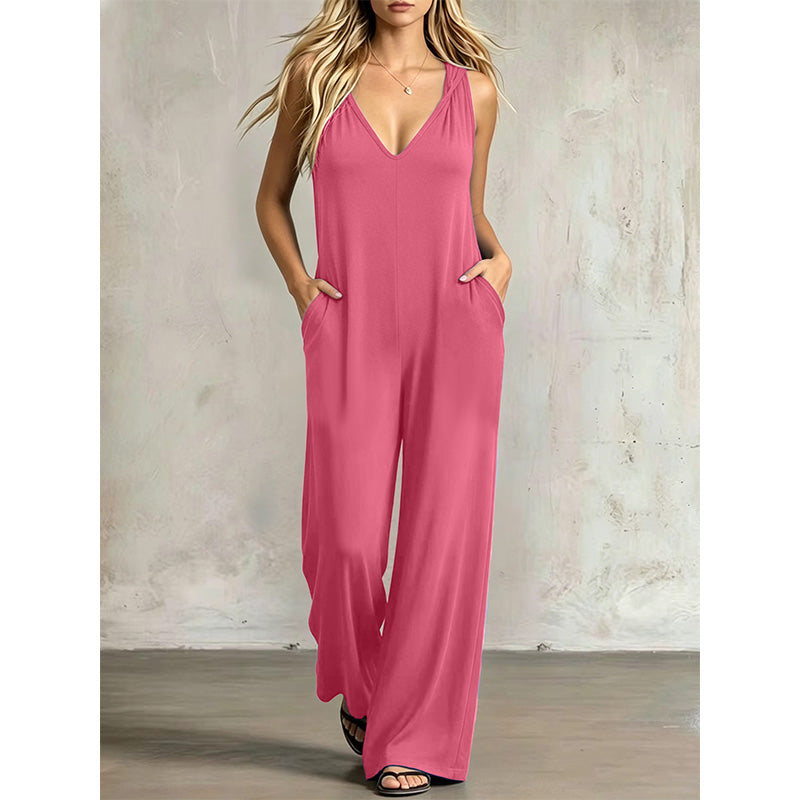 👗 50 % DE RÉDUCTION EN CE MOMENT ! 🌊 Combinaison d'été décontractée pour femme avec encolure en V – jambes amples et larges, poches latérales profondes et capuche intégrée – de la plage directement au restaurant ☀️