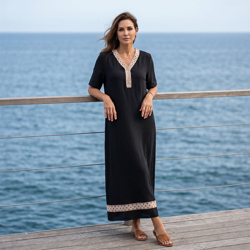 🔥-50%👗 Robe maxi femme – Col rond, manches courtes, tissu fluide 🌿 Matière douce et confortable