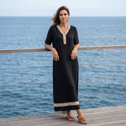 🔥-50%👗 Robe maxi femme – Col rond, manches courtes, tissu fluide 🌿 Matière douce et confortable
