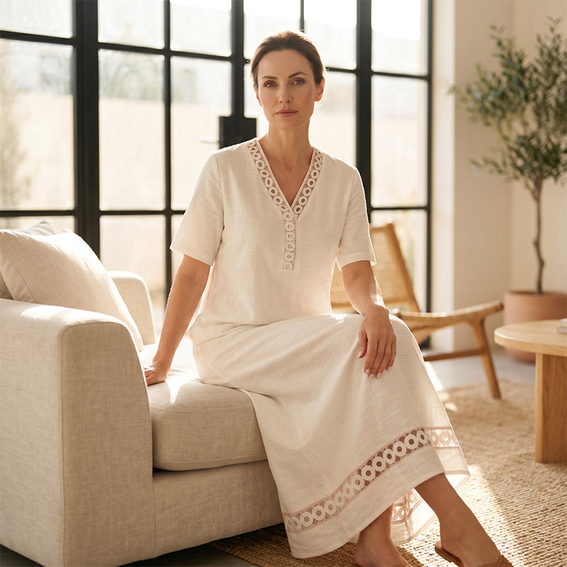 🔥-50%👗 Robe maxi femme – Col rond, manches courtes, tissu fluide 🌿 Matière douce et confortable