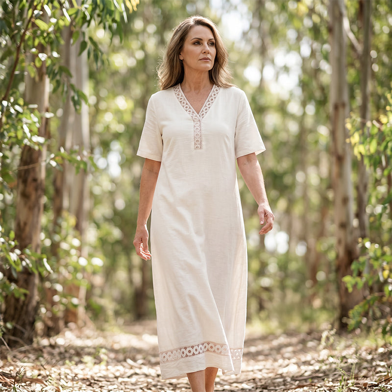 🔥-50%👗 Robe maxi femme – Col rond, manches courtes, tissu fluide 🌿 Matière douce et confortable
