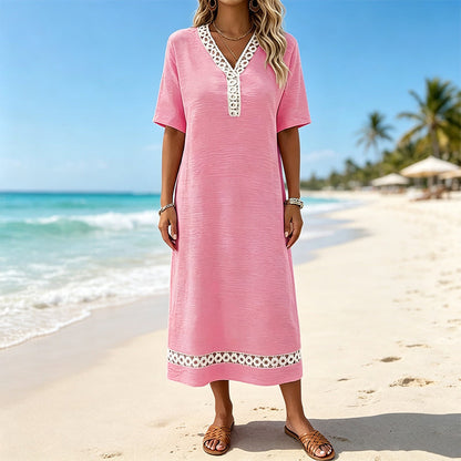 🔥-50%👗 Robe maxi femme – Col rond, manches courtes, tissu fluide 🌿 Matière douce et confortable