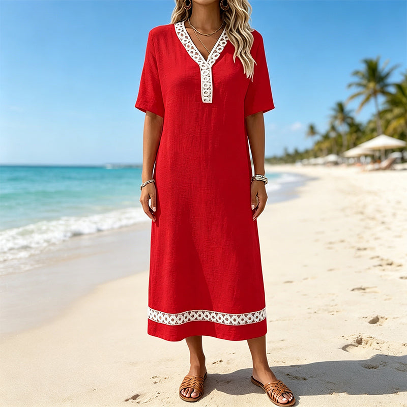 🔥-50%👗 Robe maxi femme – Col rond, manches courtes, tissu fluide 🌿 Matière douce et confortable