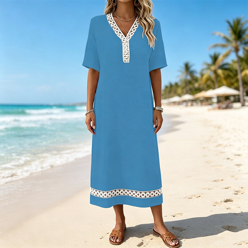🔥-50%👗 Robe maxi femme – Col rond, manches courtes, tissu fluide 🌿 Matière douce et confortable