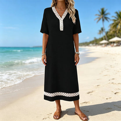 🔥-50%👗 Robe maxi femme – Col rond, manches courtes, tissu fluide 🌿 Matière douce et confortable