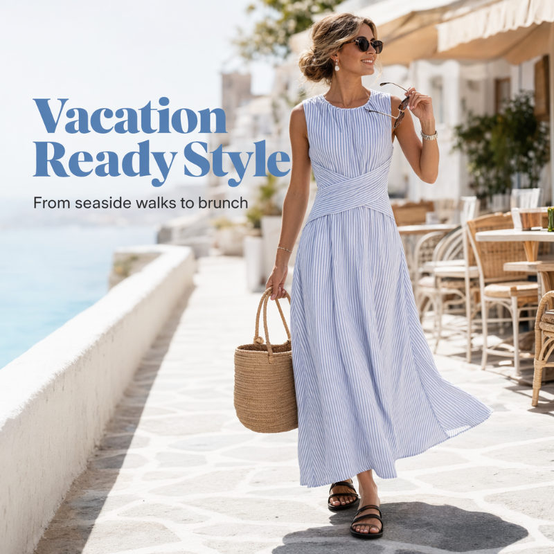 ⏳Offre limitée dans le temps : 50 % de réduction⏰Robe longue rayée sans manches pour femme🎀👗