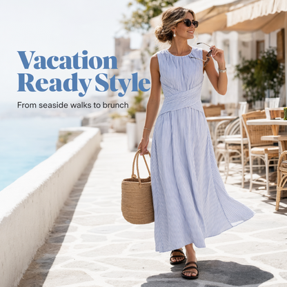⏳Offre limitée dans le temps : 50 % de réduction⏰Robe longue rayée sans manches pour femme🎀👗