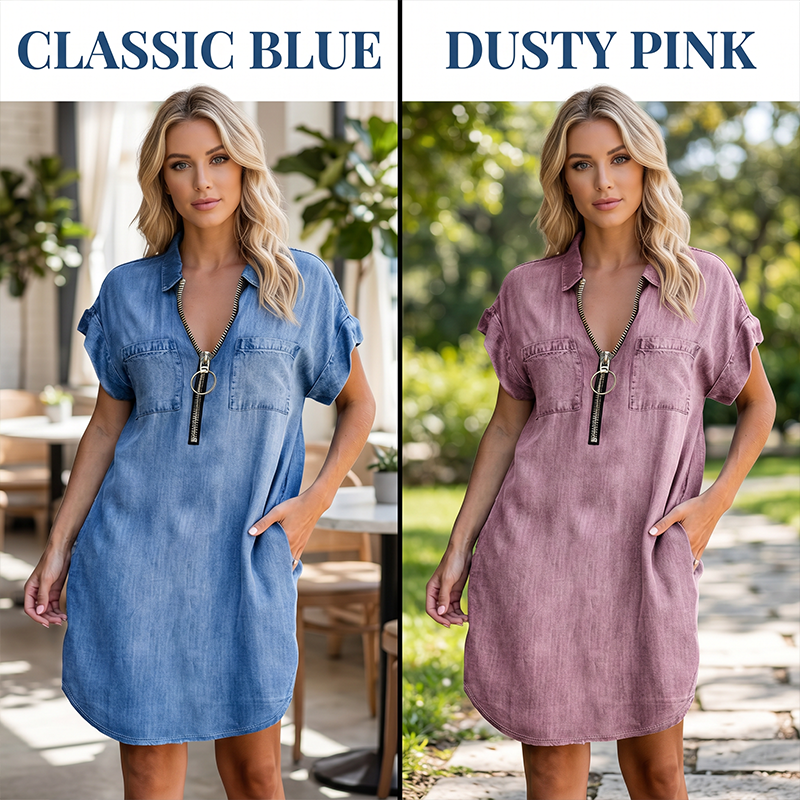 Robe-chemise en jean décontractée pour femme avec fermeture éclair et poches