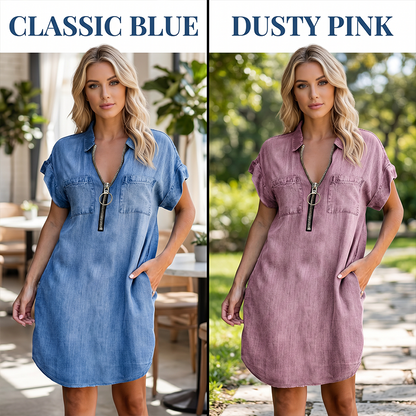 Robe-chemise en jean décontractée pour femme avec fermeture éclair et poches