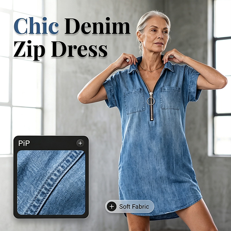 Robe-chemise en jean décontractée pour femme avec fermeture éclair et poches