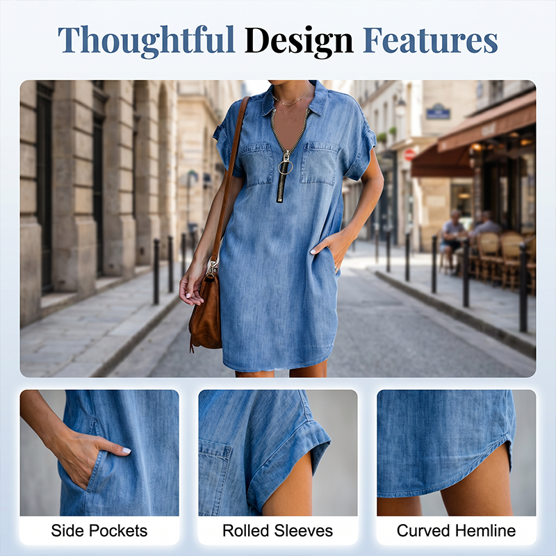 Robe-chemise en jean décontractée pour femme avec fermeture éclair et poches