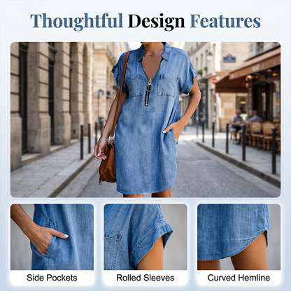 Robe-chemise en jean décontractée pour femme avec fermeture éclair et poches