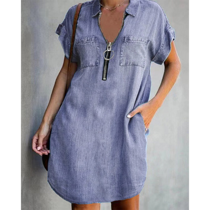 Robe-chemise en jean décontractée pour femme avec fermeture éclair et poches