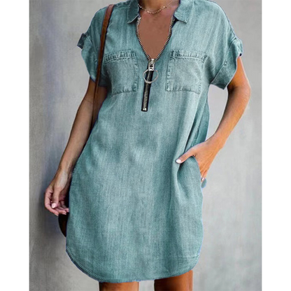Robe-chemise en jean décontractée pour femme avec fermeture éclair et poches
