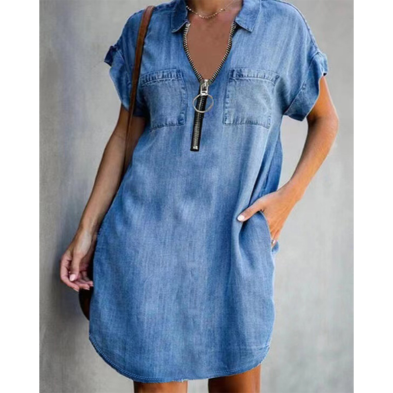 Robe-chemise en jean décontractée pour femme avec fermeture éclair et poches