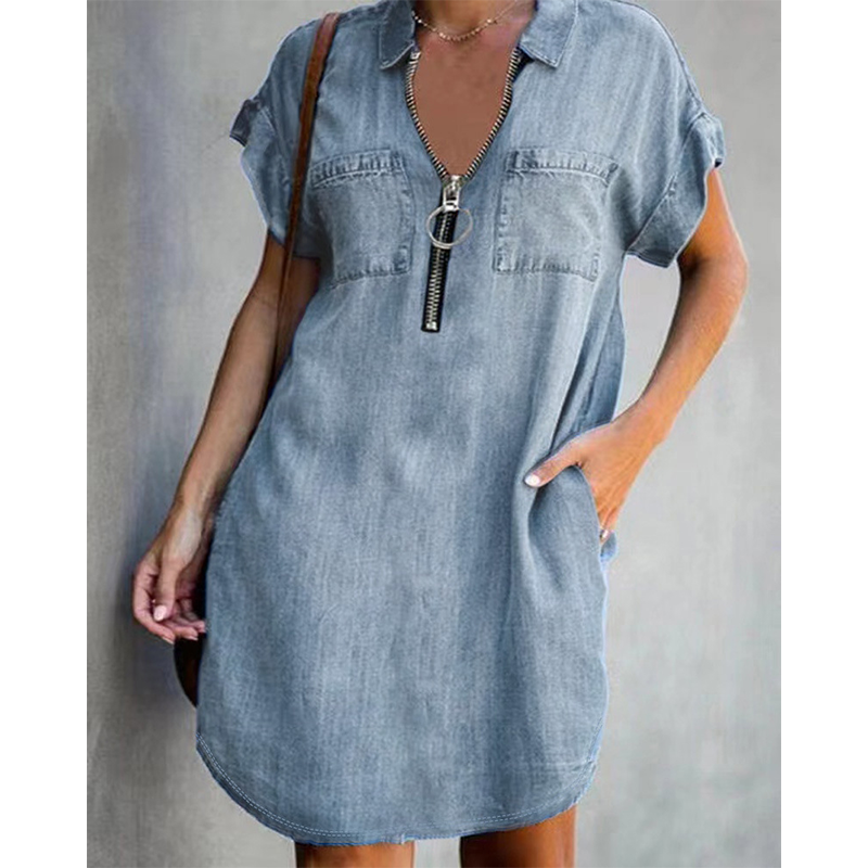 Robe-chemise en jean décontractée pour femme avec fermeture éclair et poches
