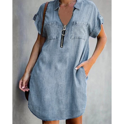 Robe-chemise en jean décontractée pour femme avec fermeture éclair et poches