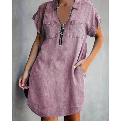 Robe-chemise en jean décontractée pour femme avec fermeture éclair et poches