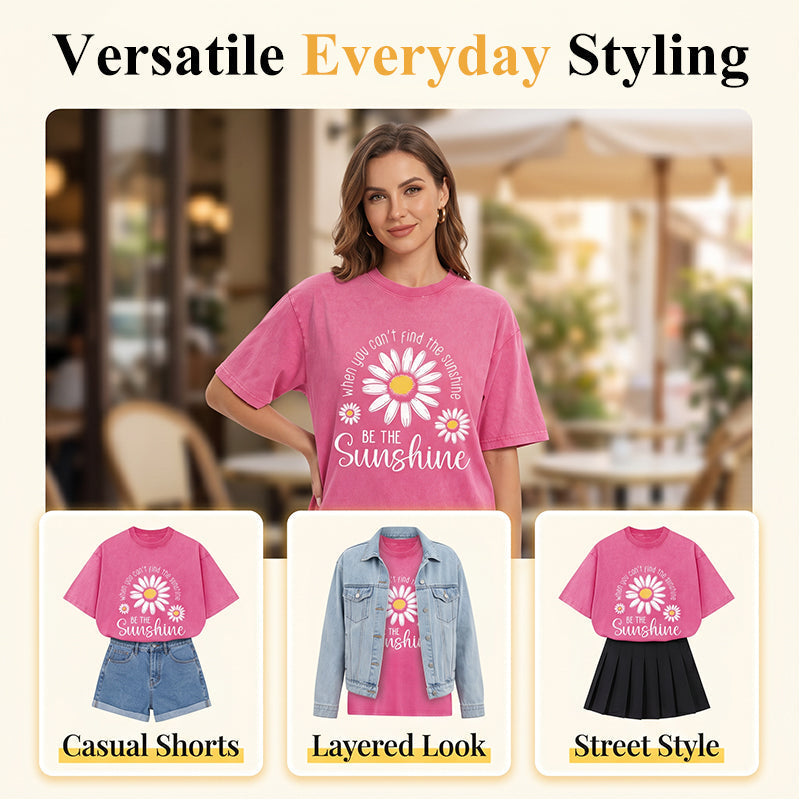 T-Shirt Unisexe Vintage Délavé à Imprimé Marguerite Coupe Ample