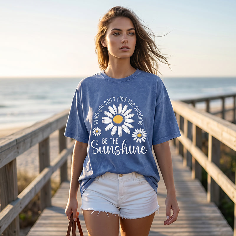 T-Shirt Unisexe Vintage Délavé à Imprimé Marguerite Coupe Ample