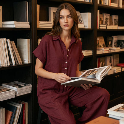 🌿Combinaison décontractée à manches courtes et boutons pour femme, coupe ample – Confortable, flatteuse et naturellement élégante✨