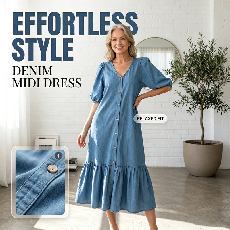Robe Femme à Col en V, Simple Boutonnage et Manches Courtes