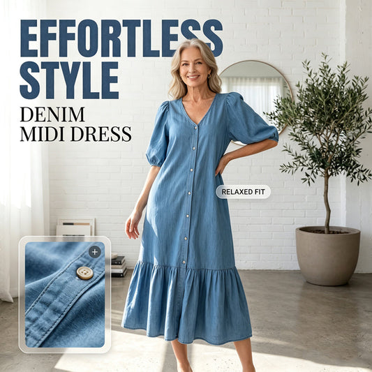 Robe Femme à Col en V, Simple Boutonnage et Manches Courtes