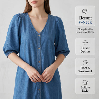 Robe Femme à Col en V, Simple Boutonnage et Manches Courtes